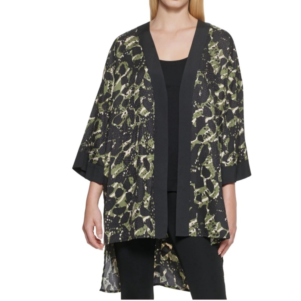 Karl Lagerfeld Black and Olive Green Printed Open-Front Kimono